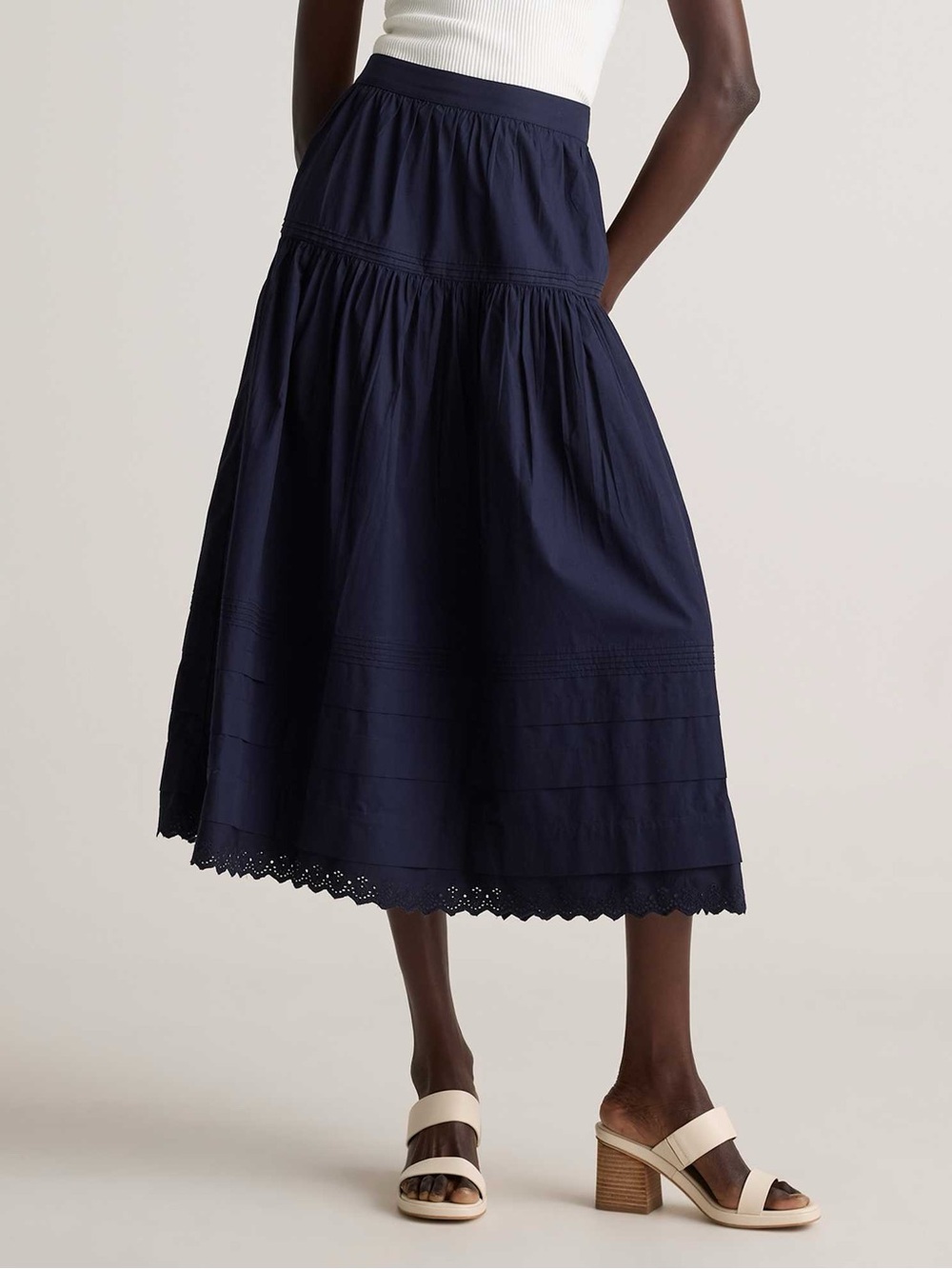 Quince 100% Organic Cotton Poplin Pintuck Maxi Skirt Navy Size Large
